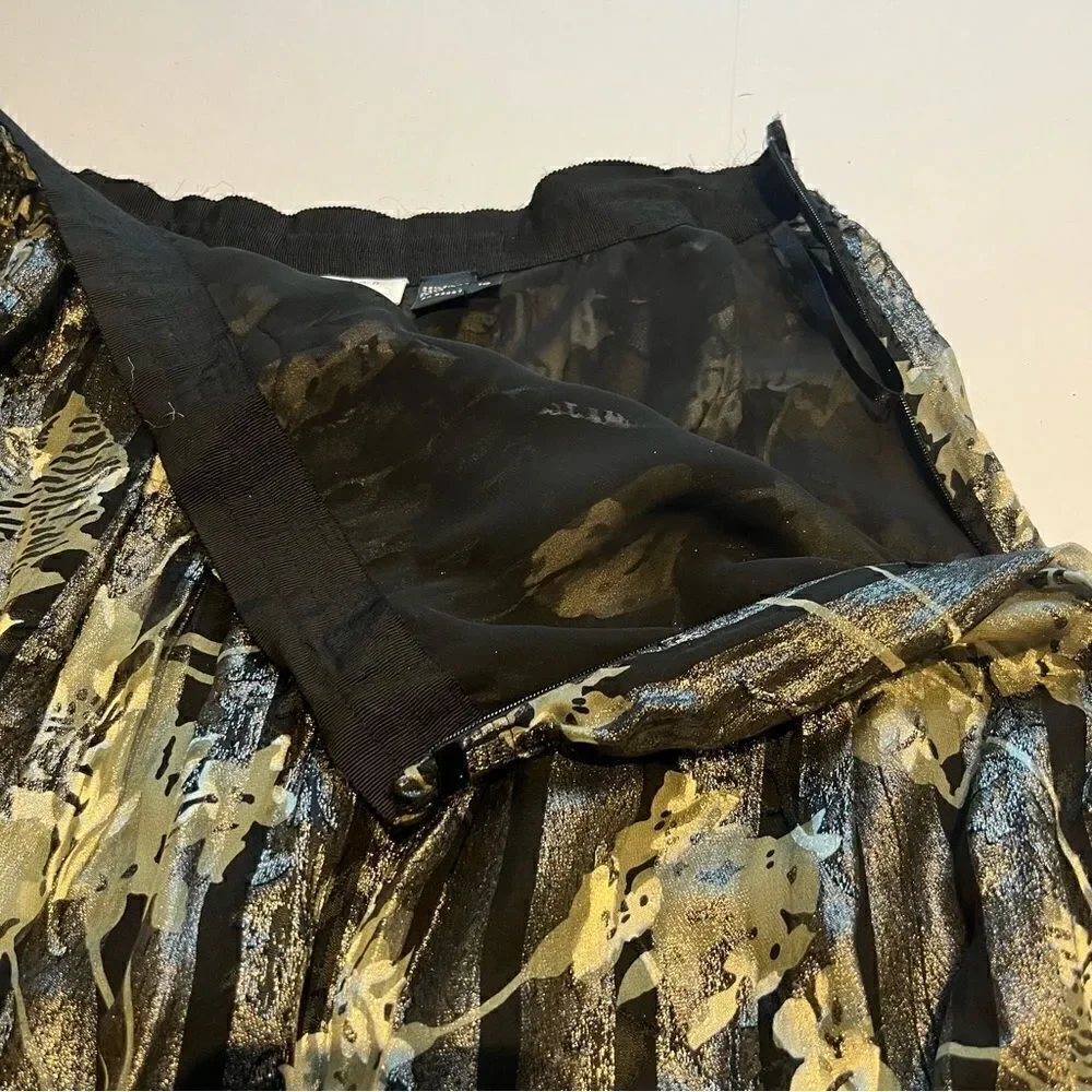 Charles Nolan Long Skirt Size 10 Black, green, silver floral pattern, shiny
